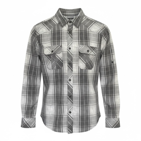 Rock & Republic Other - Rock & Republic Gry Wht Plaid Button Down Lg Slv Adjustable Short Sleeve Men’s M